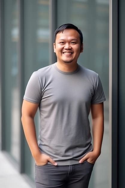 Um Homem Vestindo Uma Camisa Cinza E Jeans Est Parado Em Frente A Uma