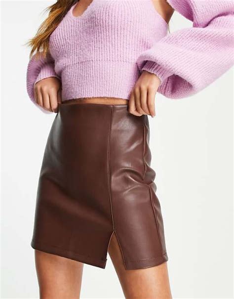 Miss Selfridge Faux Leather Mini Skirt With Side Split In Chocolate Asos