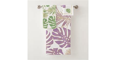 Modern Lavender Purple And Green Tropical Leaves Bath Towel Set