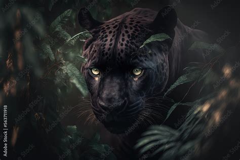 A Black Leopard With Yellow Eyes Is In The Jungle With Green Leaves And