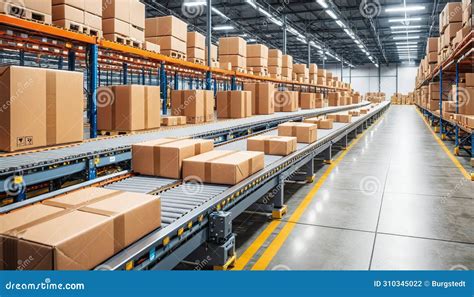 Cardboard Boxes On Conveyor Belts And Rows Of Boxes In A Distribution