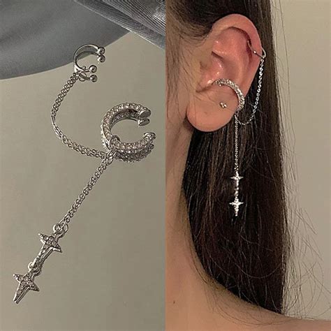 Brilhante Cor Prata Cristal Borla N O Piercing Cuff Ear Clip Para