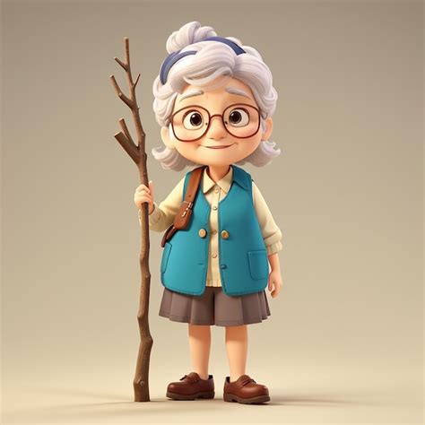 Premium Photo Cute Grandmother Cartoon Standing Bring Stick