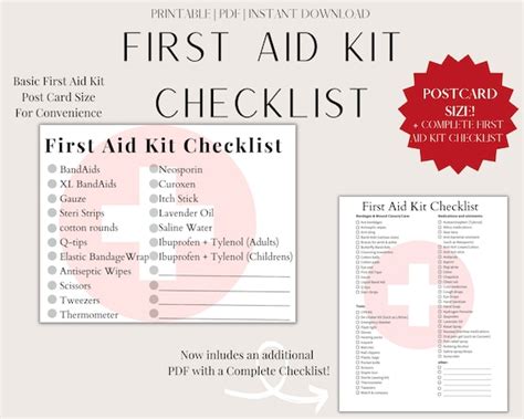 Printable First Aid Kit Checklist Postcard Size Complete Etsy