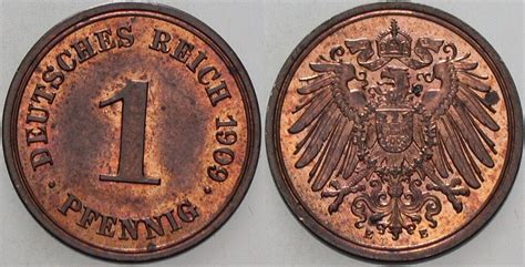 Kleinmünzen Kaiserreich 1 Pfennig 1909 E Grosser Adler Patina fast