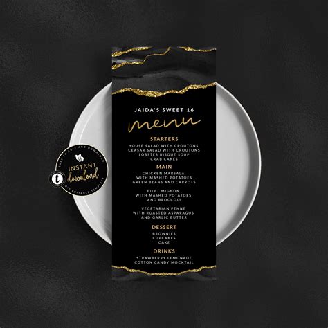 Black And Gold Menu Card Black And Gold Agate Menu Black And Etsy