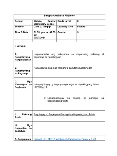 7es Detailed Lesson Planning For Filipino 6 Pdf