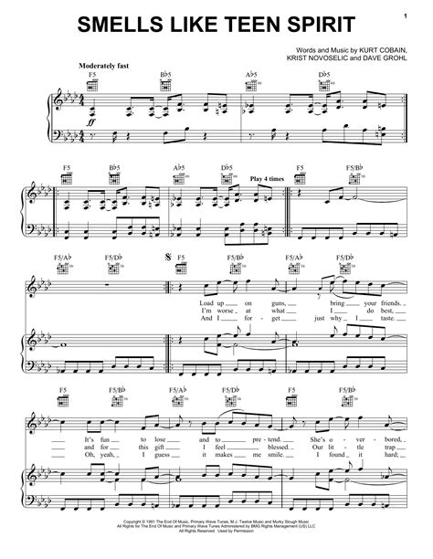 Smells Like Teen Spirit By Nirvana Sheet Music For Piano Vocal And Guitar Chords Right Hand