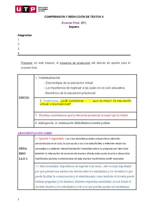 Esquema para Examen Final EF COMPRENSIÓN Y REDACCIÓN DE TEXTOS II