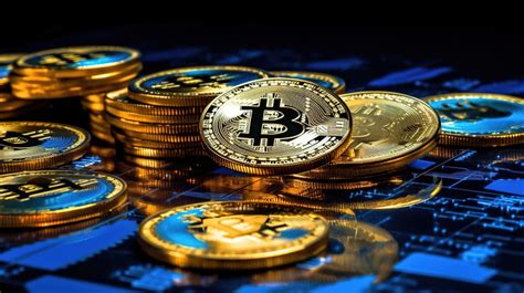 Shiny Blue Background Bitcoin Coins Resting On 3d Tech Backgrounds