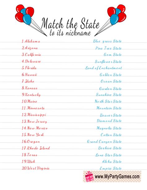 Free Printable Match The State To Its Nickname Game For 4th Of July