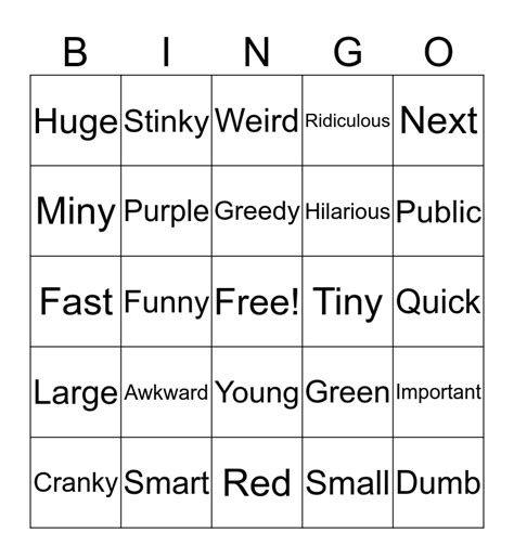 Adjective Bingo Bingo Card