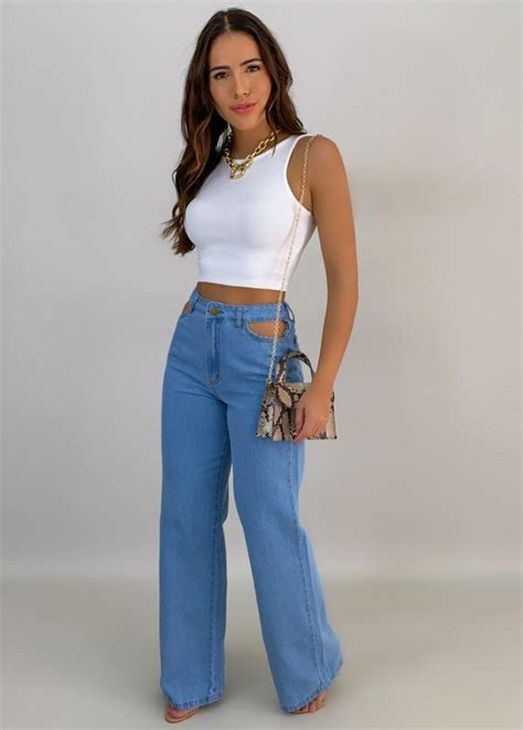 Calça Jeans Pantalona Bolso Vazado ONLAURI Calça pantalona jeans