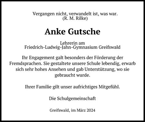 Traueranzeigen Von Anke Gutsche Trauer Anzeigen De