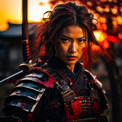 Premium Photo Fiery Backdrop With Samurai Woman In Battle Gear