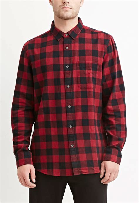 Forever 21 Buffalo Plaid Cotton Shirt In Purple For Men BURGUNDY BLACK