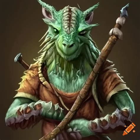 Lizardfolk Druid With A Staff And An Hide Armor Festive Realistic On