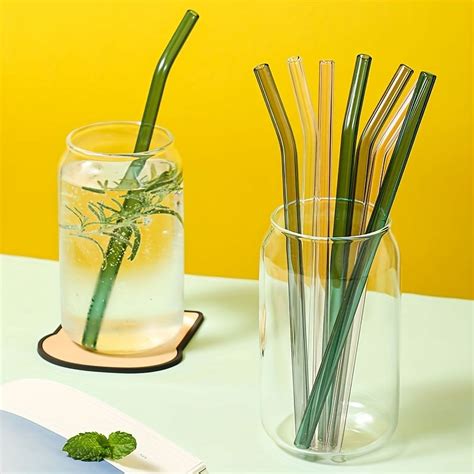 4pcs Glass Straw Mixed Color Bent Glass Straw Set 8 Reusable Straws With Cleaning Brush For