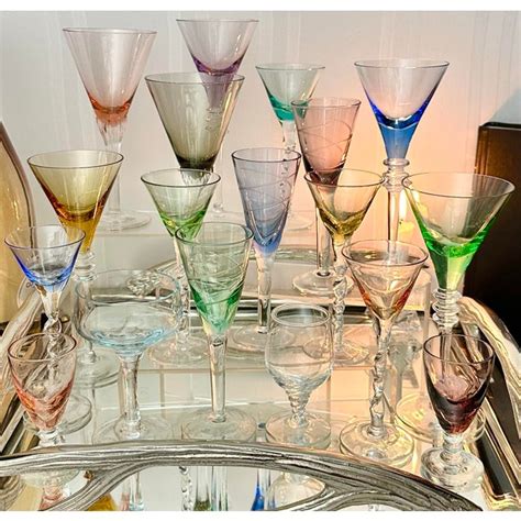 Mid 20th Century Colored Cordial Aperitif Glasses On Silver Mirrored