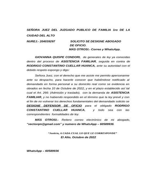 Solicitud De Abogado De Oficio En Asistencia Familiar Pdf