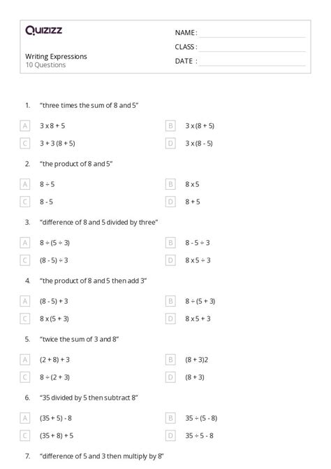 Writing Algebraic Expressions Worksheets Worksheets Library