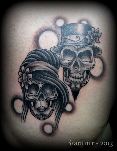 Bride And Groom Sugar Skulls By Brantnertattoo74 On Deviantart Skull Couple Tattoo Feminine