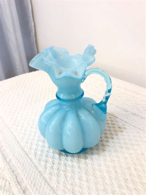 Vintage Fenton Blue Cased Glass Melon Pitcher Beautiful Gourd 6 Hobbies And Toys Memorabilia