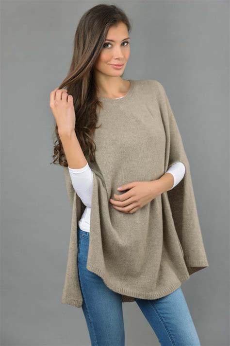 Pure Cashmere Poncho Cape Plain Knitted In Camel Brown Italy In