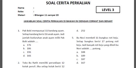 Soal Cerita Perkalian Online Kelas 3 Sd Level 3 Bilangan 11 Sampai 20