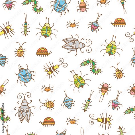 Seamless Pattern With Cute Cartoon Colorful Beetles On White Background