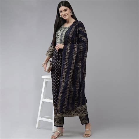 Navy Blue Printed & Embroidered Rayon Anarkali Suit