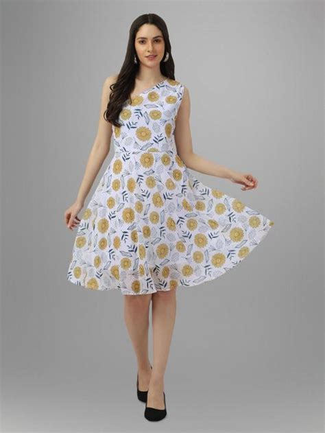 Buy Masakali Co Women White Floral Print Georgette Fit And Flare Dress