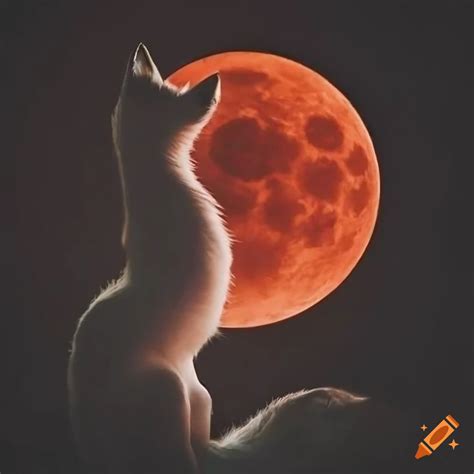 Kitsune Fox With Nine Tails Gazing At A Blood Moon With Chinese