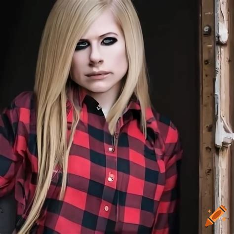 Blonde Woman In Red Plaid Shirt And Black Leather Trousers Peeking