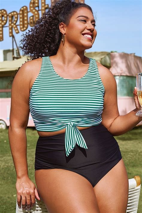 Plus Size Green Stripe Knotted Crop Bikini Top Meet Curve Meet Curve