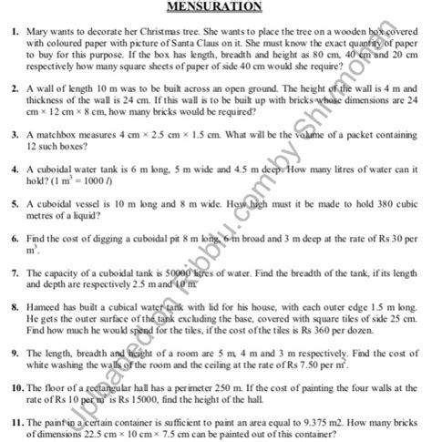 Worksheets On Mensuration For Class Maths