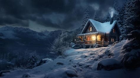 Una cabaña en la nieve con las luces encendidas Foto Premium