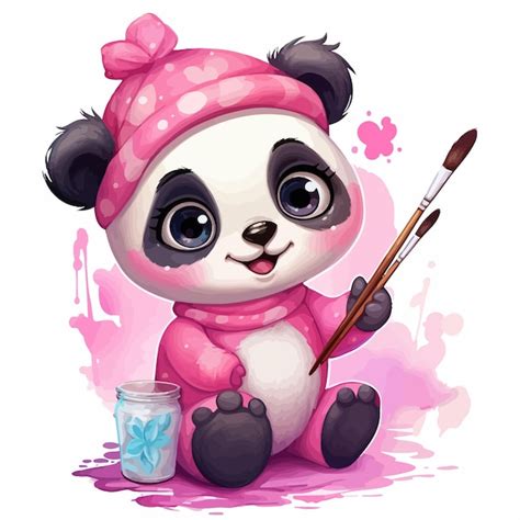 Un Oso Panda Con Sombrero Rosa Y Un Cepillo Con Un Lazo Rosa Vector