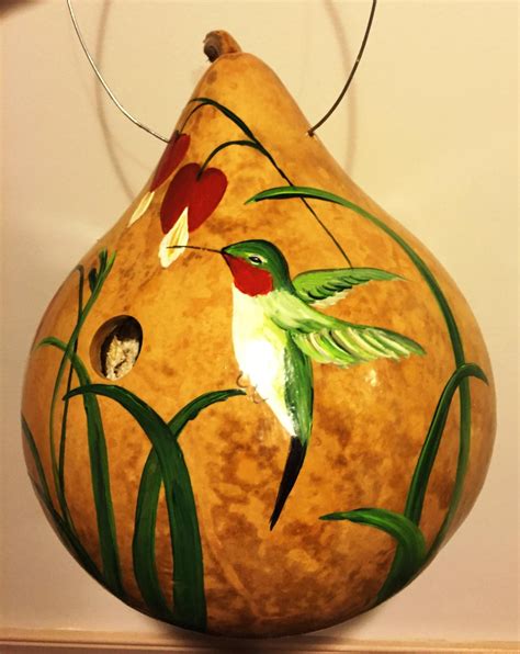 Handpainted Gourd Birdhouse With Hummingbird And Bleeding Hearts In