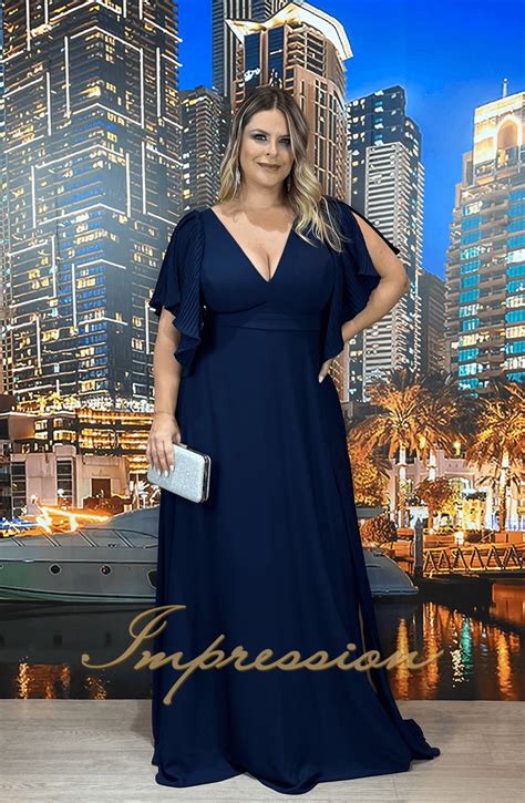 Vestido De Festa Longo Plus Size Azul Marinho Impression Modas