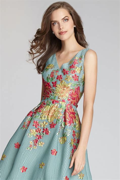 Ribbed Floral Print Tea Length Jacquard Dress Teri Jon Tea Length