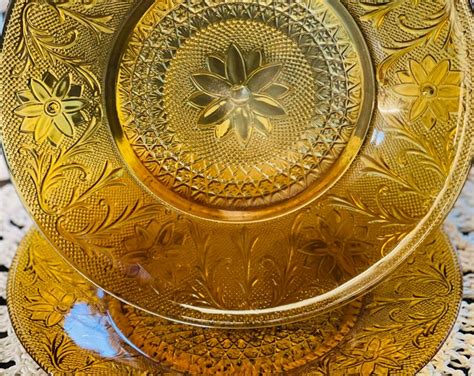 4x Vintage Tiara Sandwich Amber Dinner Plates Yellow Glass Thanksgiving Dinner Plates Vintage