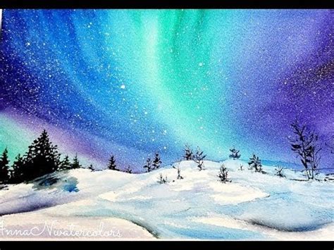 Northern Lights Winter Landscape Watercolor Painting Quick Painting