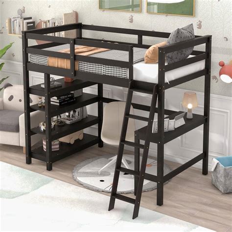 Urtr Twin Size Wood Brown Loft Bed With Desk Ladder Loft Beds With