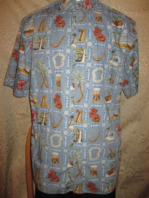 Hilo Hattie Mens Hawaiian Shirt Cotton Medium Blue Gem