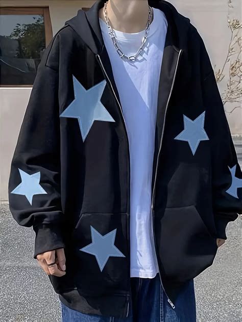 Y2k Star Print Zip Hoodie Long Sleeve Oversized Sweatshirt Temu