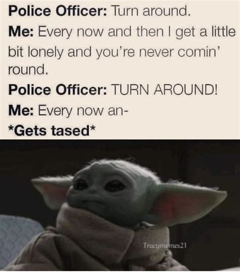 Baby Yoda - police officer, turn around, get tased | Yoda funny, Police jokes, Funny picture quotes