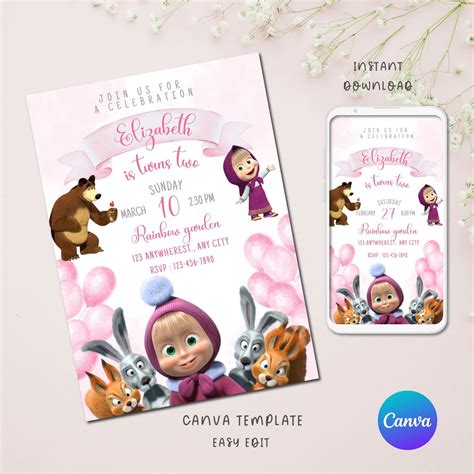 Editable Masha And The Bear Birthday Invitation Template Printable