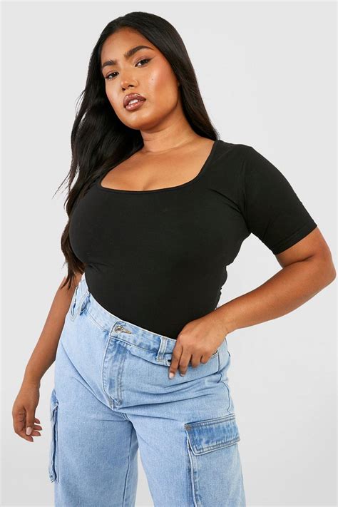 Black Plus Cotton Square Neck Bodysuit Boohoo Uk