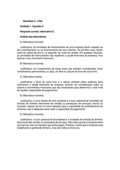 Resolução do LT Unidade I Questões 2 CQA Unidade I Questão 2